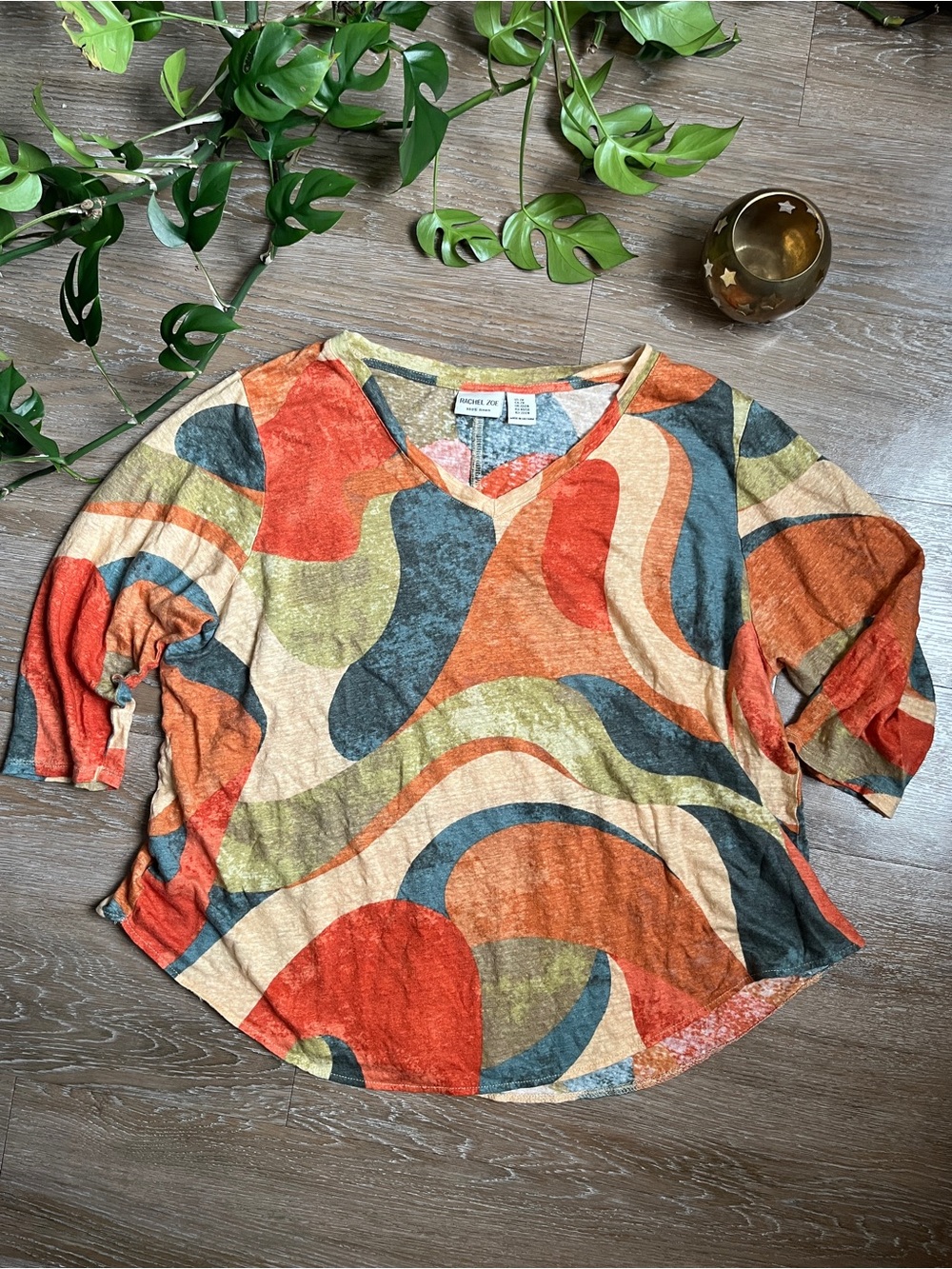 Rachel Zoe Multicolor Abstract V-Neck Tunic Top